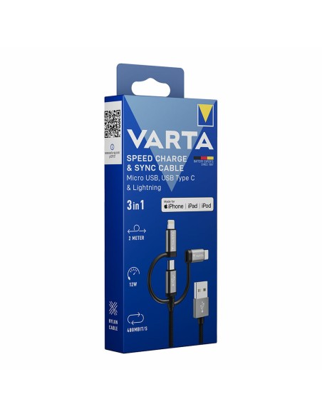 USB-kabel Varta 2 m Svart 3 i 1 USB-C Micro-USB Lightning